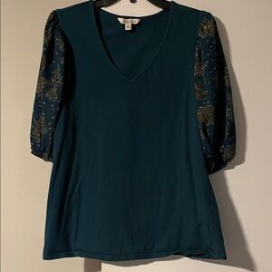 The Pioneer Woman Teal Top with Floral Sleeves